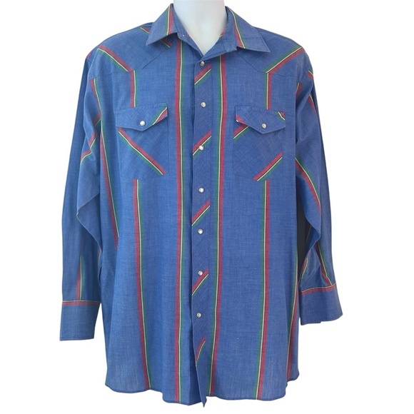 WRANGLER VTG 90s Men's Western Blue Striped Shirt Size XL Pearl Snap EUC - Picture 1 of 9